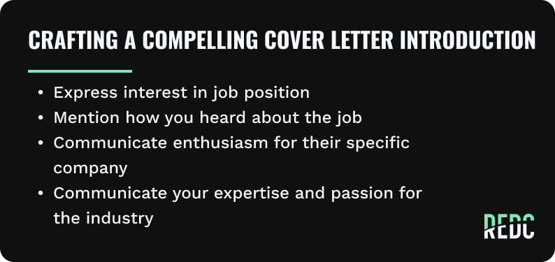 No image. Text: Crafting a compelling cover letter introduction includes expressing interest in job position, mentioning how you heard about the job, communicate enthusiasm for that company, and communicate your expertise and passion for the industry.